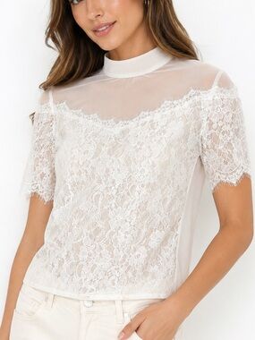 ASOS White Lace Mesh Mock Neck Top Romantic Coquette Sheer Cottagecore Blouse